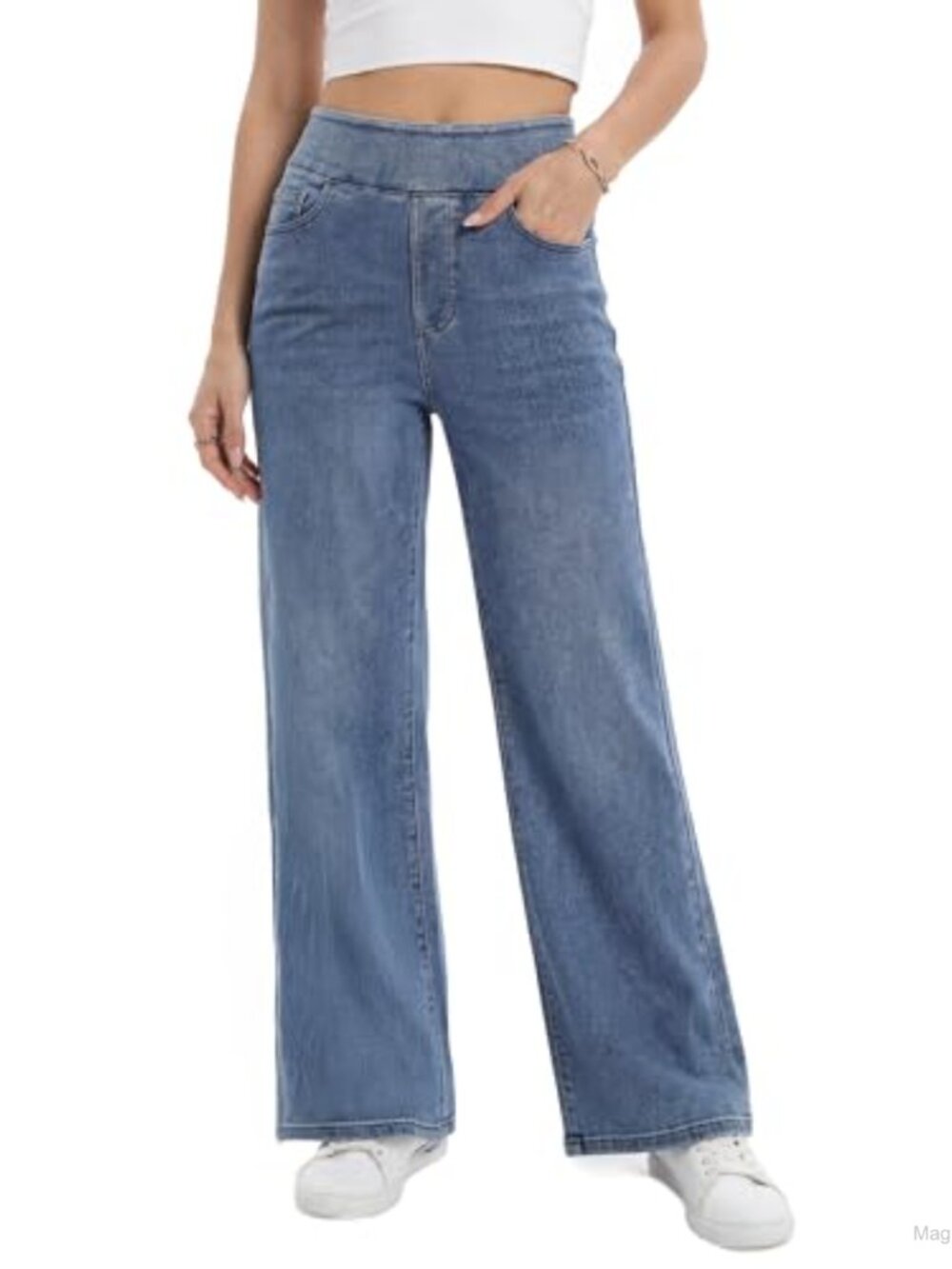 High Rise Wide Leg Pull On Jeans with Elastic Waist Tummy Control